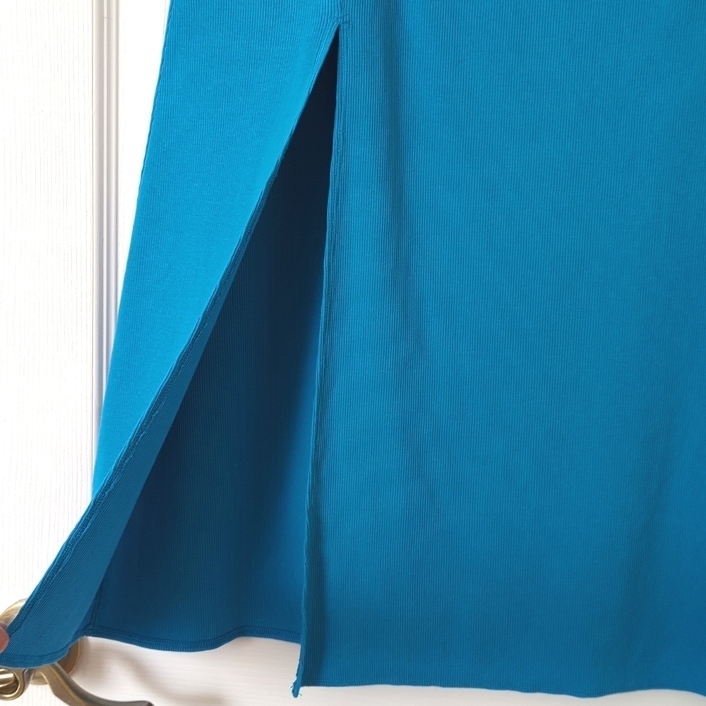 Aerie Beachwalk Ribbed Knit High Waisted Ruched Side Slit Midi Skirt Blue Small - Picture 8 of 11